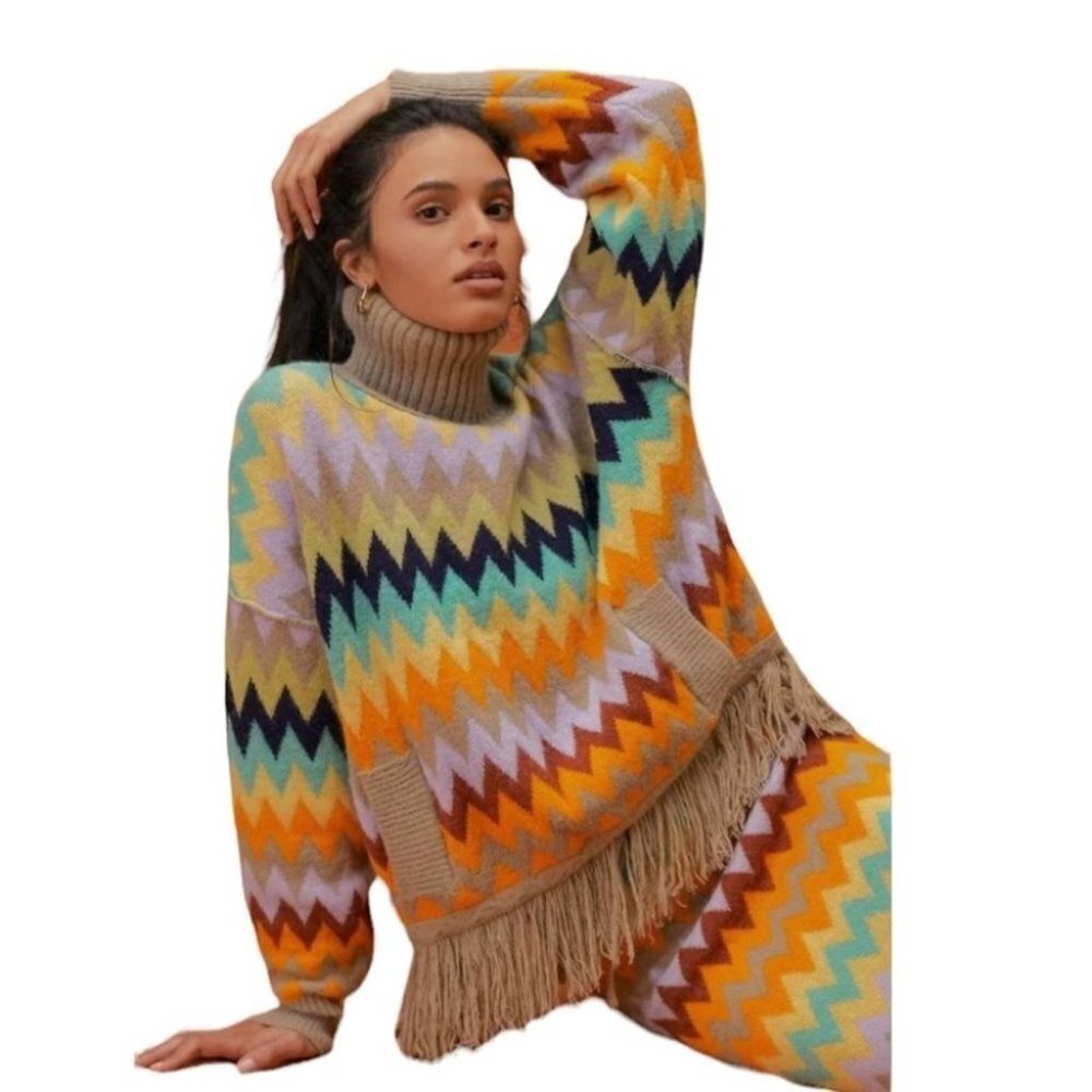 NWT Anthropologie Plenty by Tracy Reese Fringed Turtleneck Sweater Size XS